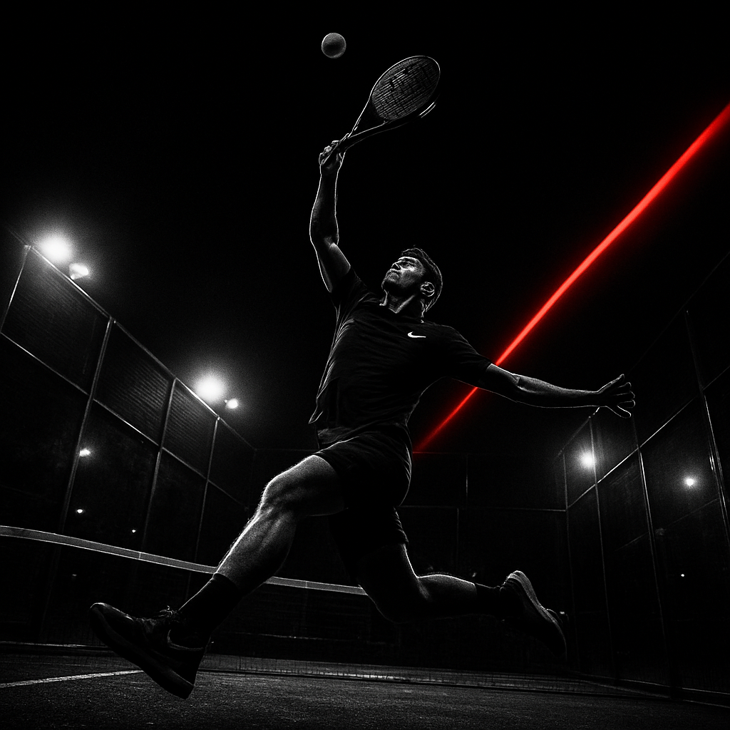 Padel player smashing under stadium lights